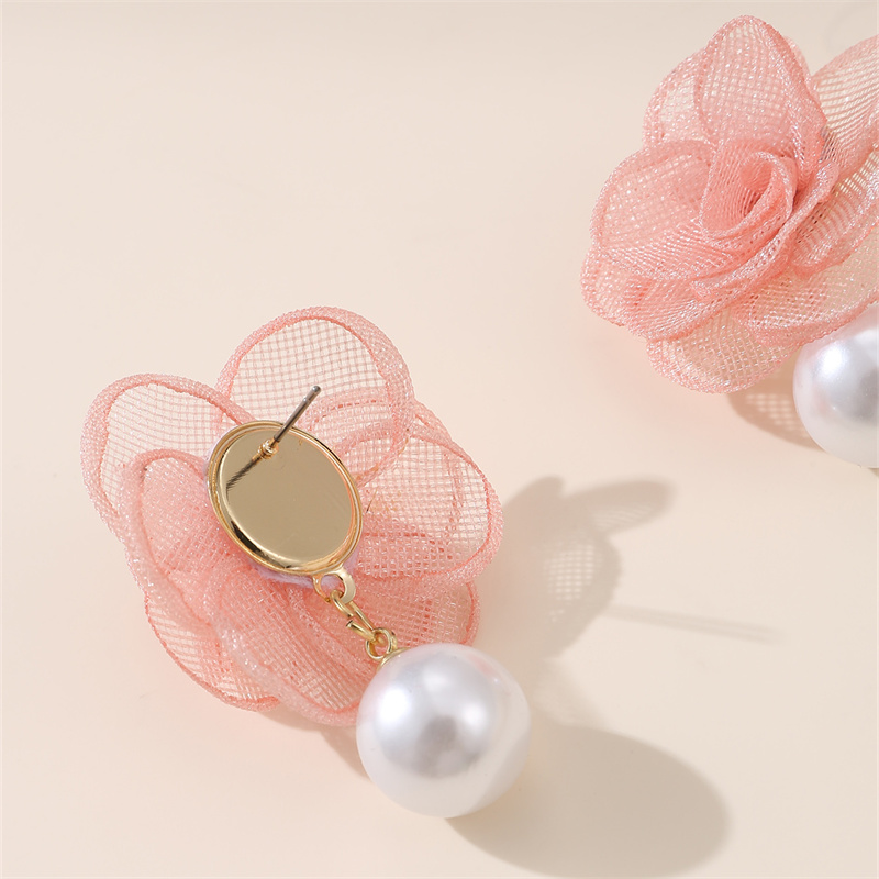 1 Paire Mignon Dame Sucré Fleur Perle Artificielle Chiffon Boucles D'Oreilles display picture 9
