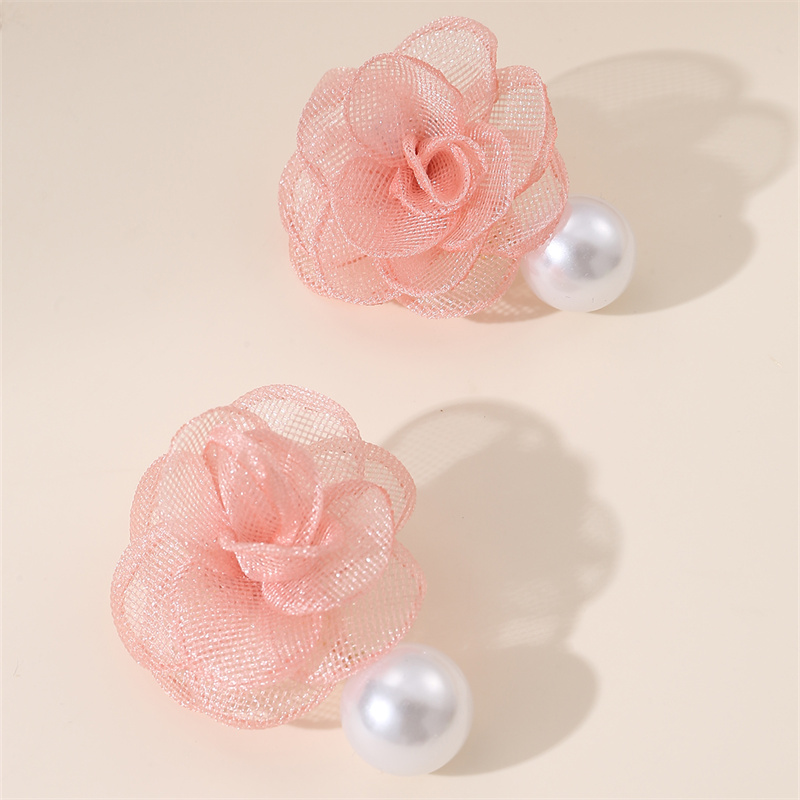 1 Paire Mignon Dame Sucré Fleur Perle Artificielle Chiffon Boucles D'Oreilles display picture 10