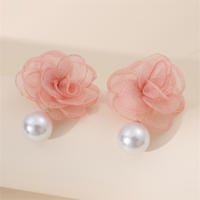 1 Paire Mignon Dame Sucré Fleur Perle Artificielle Chiffon Boucles D'Oreilles display picture 11