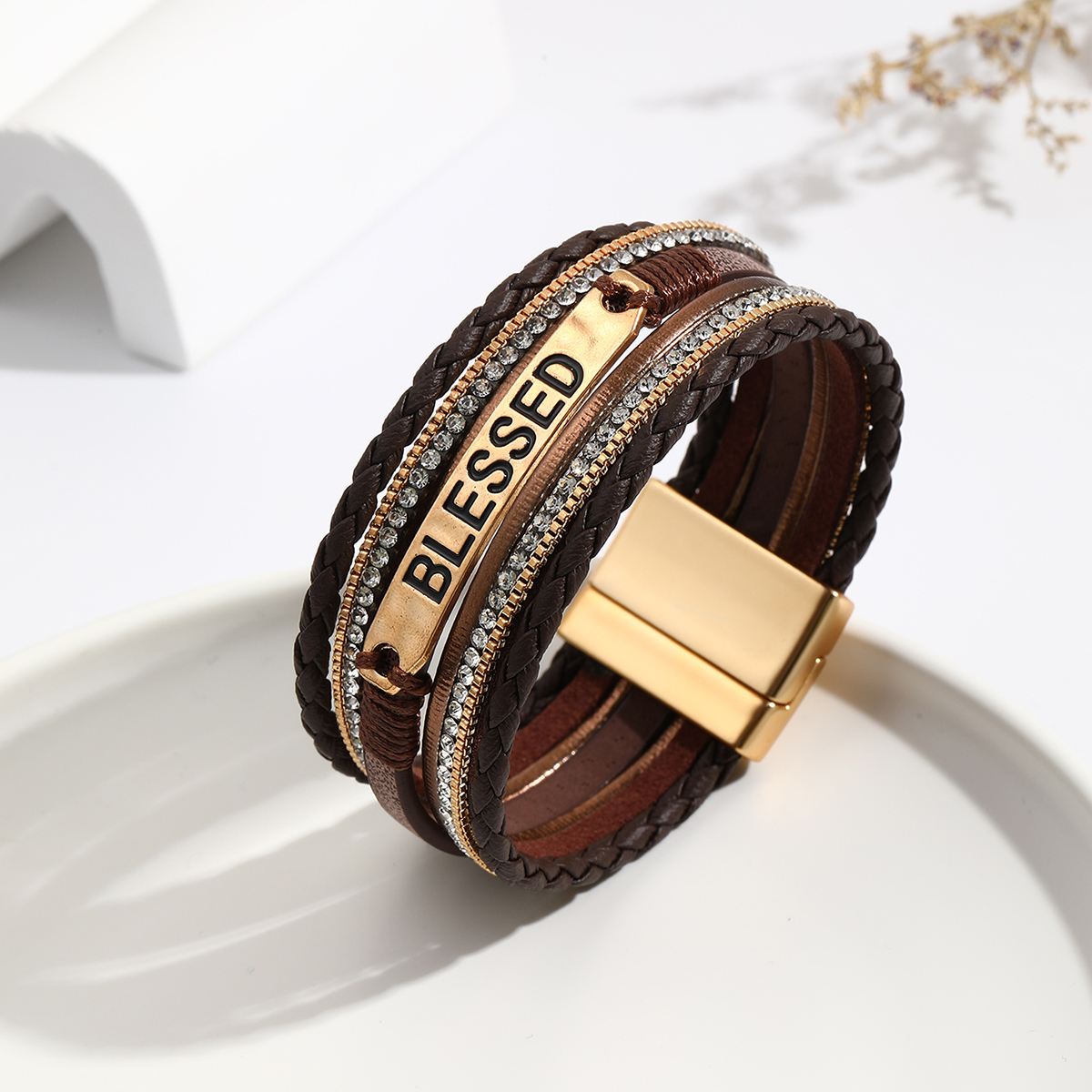 Basic Modern Style Letter Pu Leather Alloy Plating Inlay Rhinestones Women's Bangle display picture 4