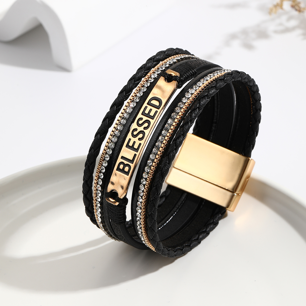 Basic Modern Style Letter Pu Leather Alloy Plating Inlay Rhinestones Women's Bangle display picture 6