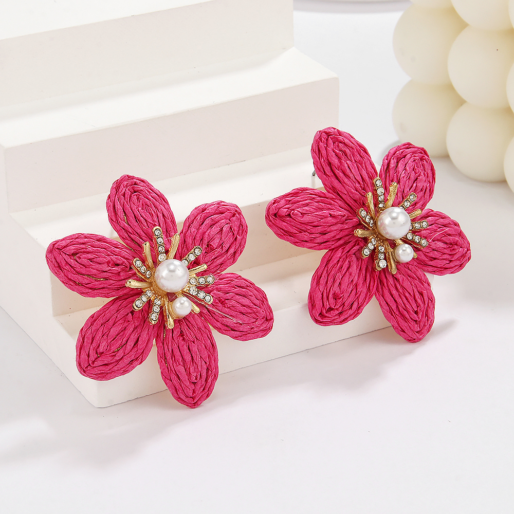1 Pair Hawaiian Modern Style Sweet Flower Inlay Imitation Pearl Alloy Raffia Imitation Pearl Drop Earrings display picture 14