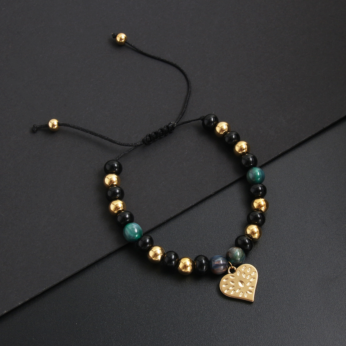 Vintage Style Ethnic Style Classic Style Heart Shape Tiger 304 Stainless Steel Natural Stone Glass Beaded 18K Gold Plated Men's Bracelets display picture 2