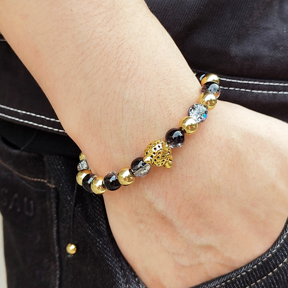 Vintage Style Ethnic Style Classic Style Heart Shape Tiger 304 Stainless Steel Natural Stone Glass Beaded 18K Gold Plated Men's Bracelets display picture 4