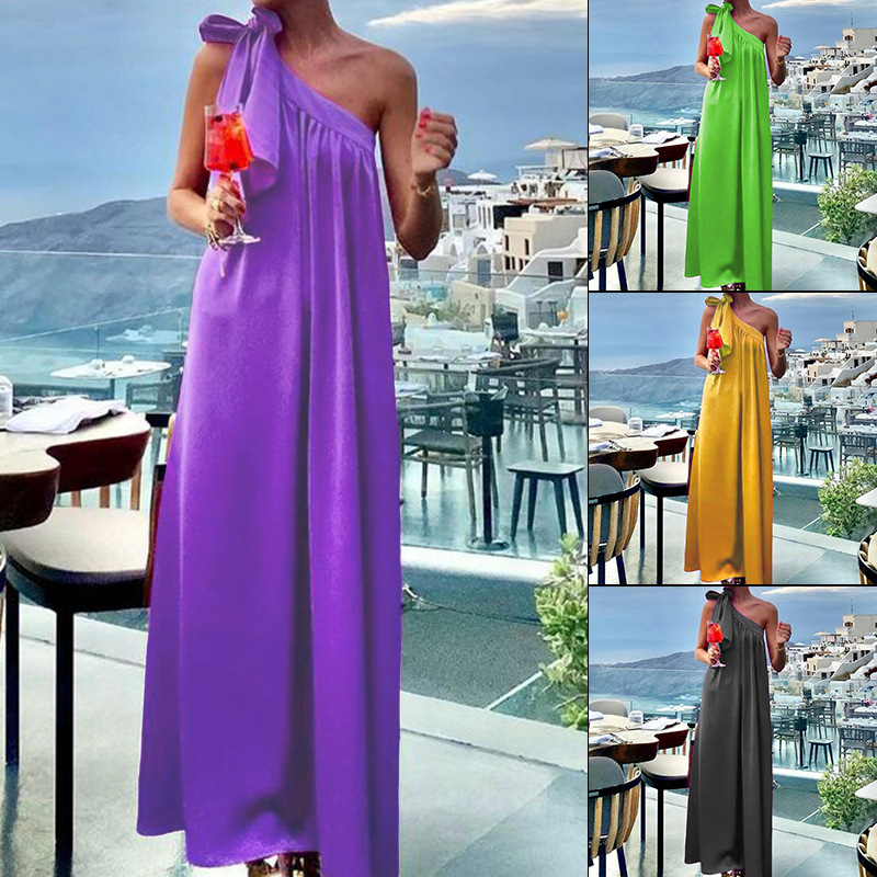 Frau Normales Kleid Elegant Schräger Kragen Ärmellos Einfarbig Maxi Langes Kleid Ferien Täglich display picture 1