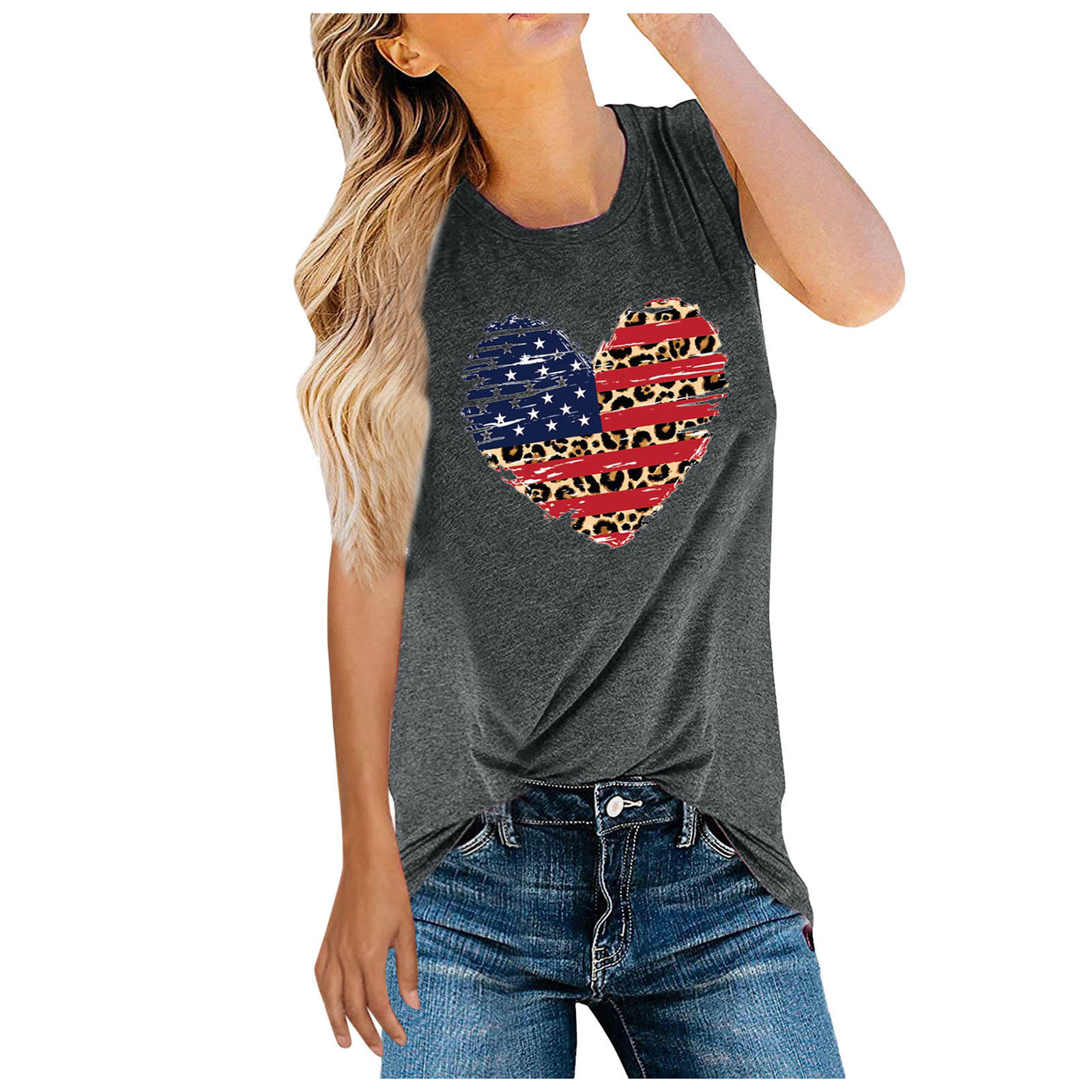 امرأة قمم للدبابات Racerback تانك القمم أسلوب بسيط شكل القلب العلم الأمريكي display picture 3