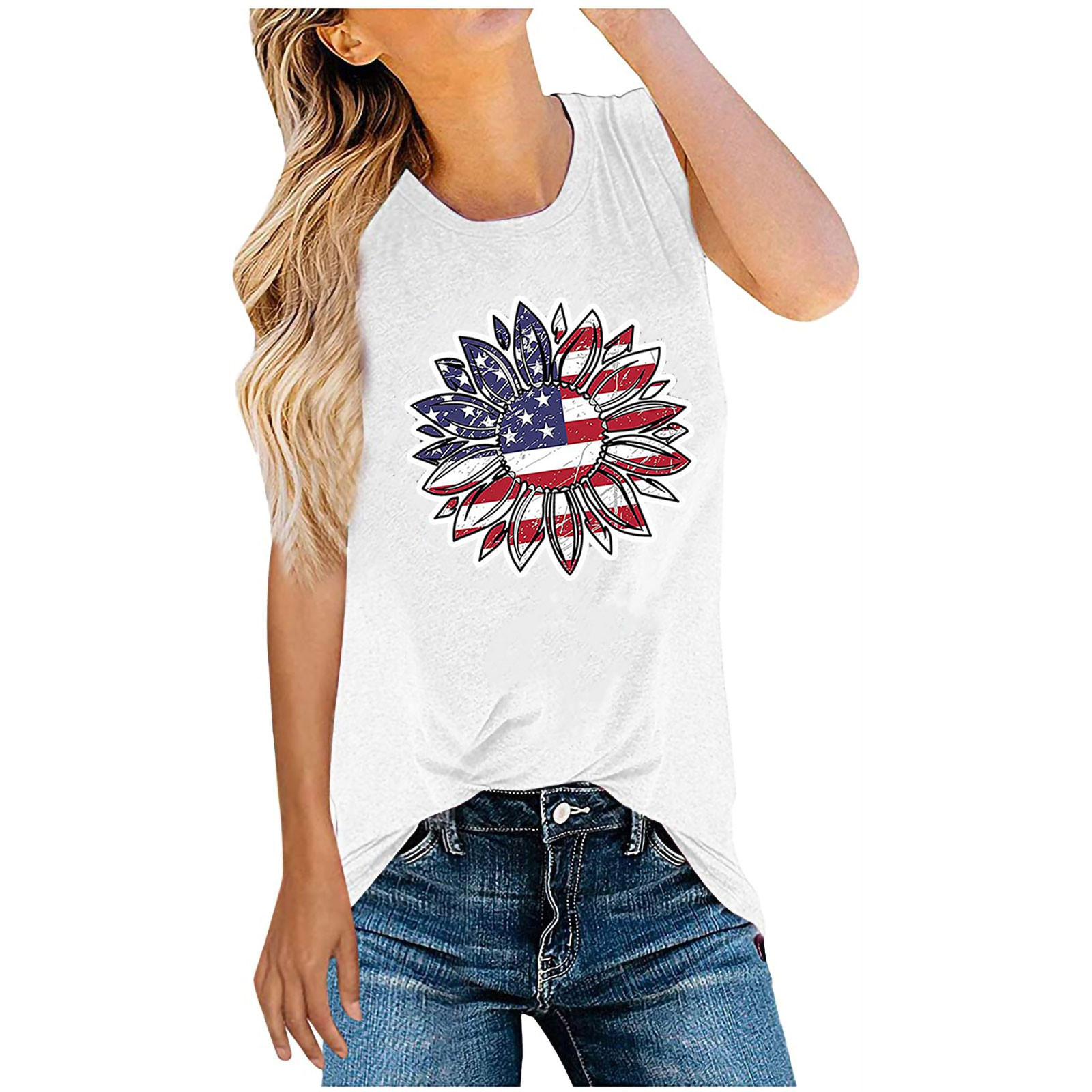 Mujeres Camisetas Sin Mangas Con Espalda Cruzada Camisetas Sin Mangas Estilo Simple Bandera Estadounidense Flor display picture 4