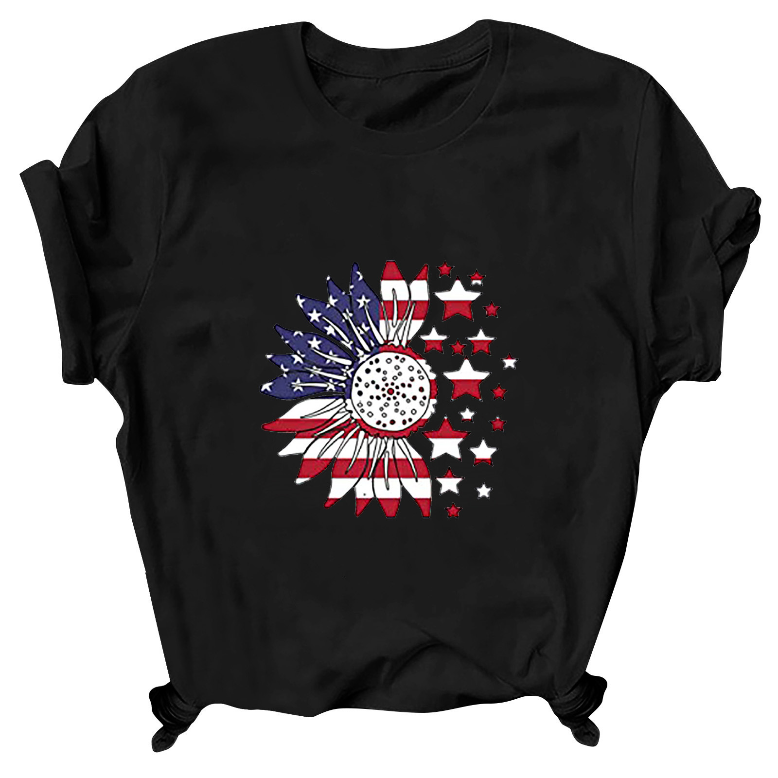 Frau T-Shirt Kurzarm T-Shirts Drucken Patchwork Strassenmode Stern Amerikanische Flagge Blume display picture 2