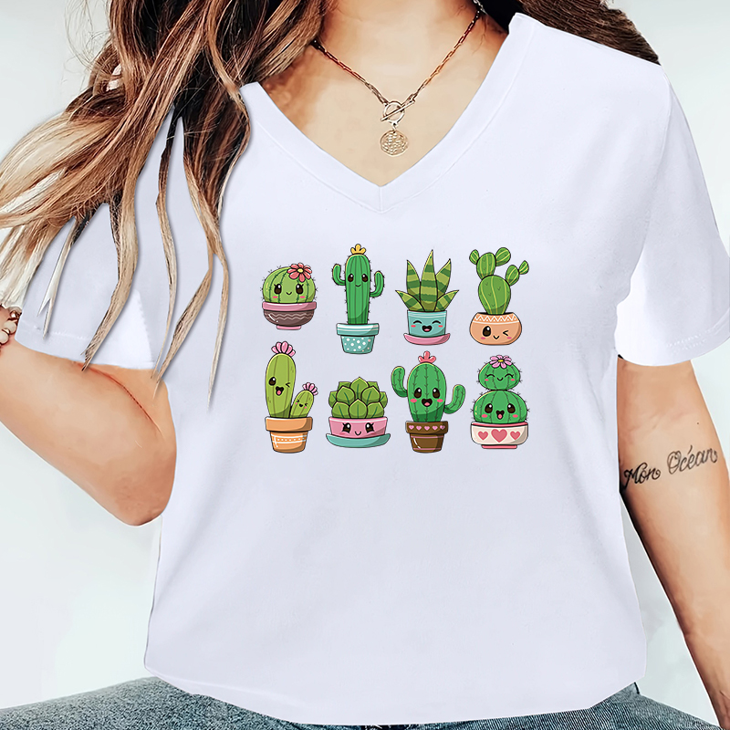 Women's T-shirt Short Sleeve T-Shirts Printing Simple Style Cactus Cartoon Letter display picture 7