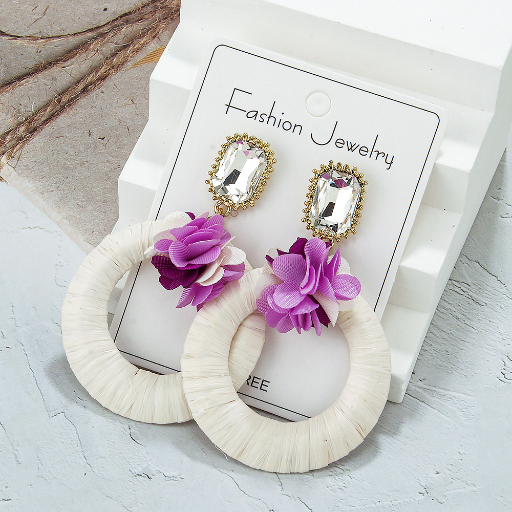 1 Pair Vacation Beach Tropical Round Flower Inlay Alloy Raffia Rhinestones Drop Earrings display picture 4
