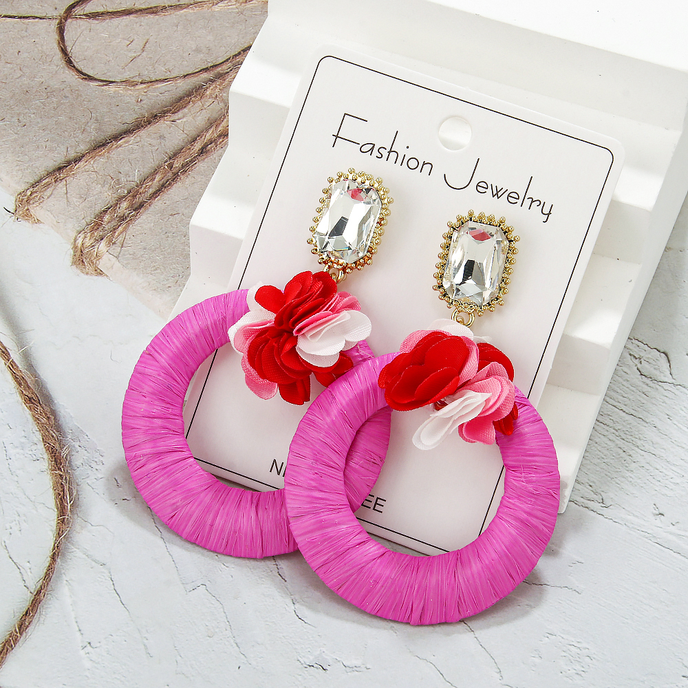 1 Pair Vacation Beach Tropical Round Flower Inlay Alloy Raffia Rhinestones Drop Earrings display picture 7