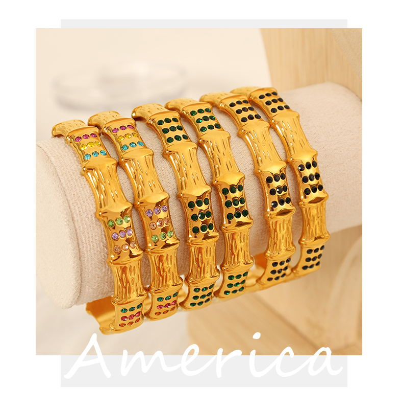 Plastic Beads Titanium Steel 18K Gold Plated Vintage Style Simple Style Plating Inlay Bamboo Rhinestones Bangle display picture 1