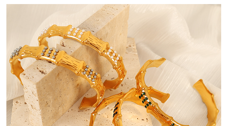 Cuentas De Plástico Acero Titanio Chapados en oro de 18k Estilo Vintage Estilo Simple Enchapado Embutido Bambú Diamantes De Imitación Brazalete display picture 3