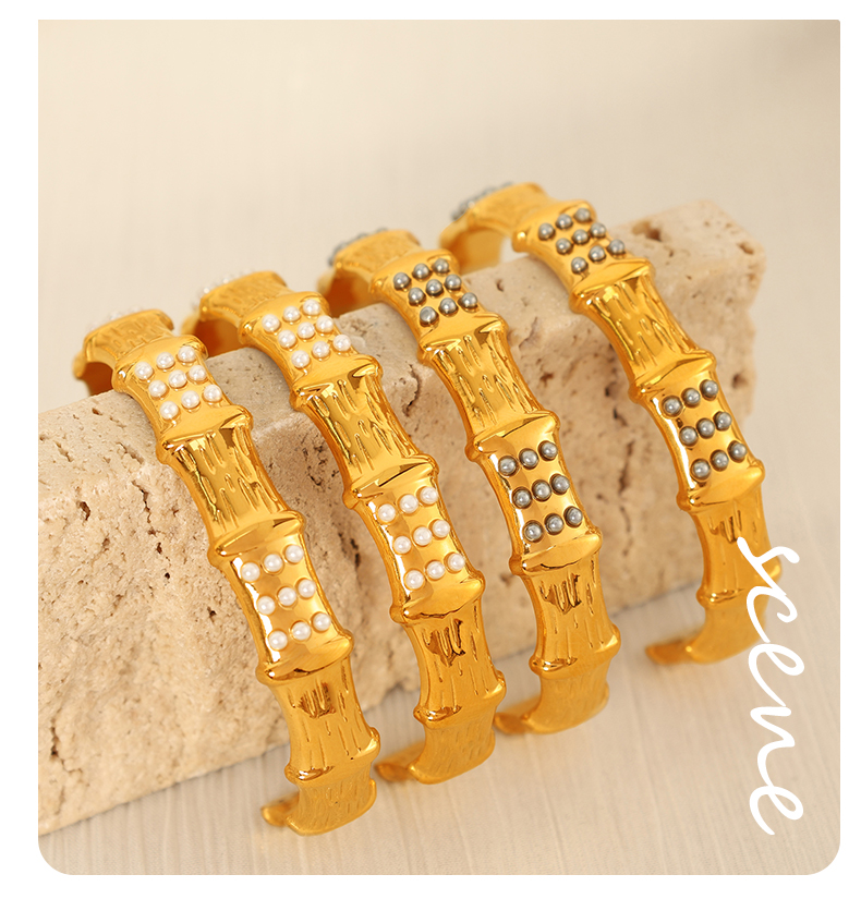 Plastic Beads Titanium Steel 18K Gold Plated Vintage Style Simple Style Plating Inlay Bamboo Rhinestones Bangle display picture 9
