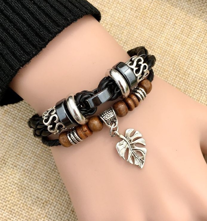 Vintage Style Ethnic Style Cross Leaves Alloy Wooden Beads Rope Unisex Drawstring Bracelets display picture 2