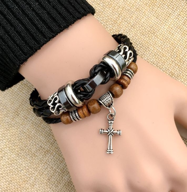 Vintage Style Ethnic Style Cross Leaves Alloy Wooden Beads Rope Unisex Drawstring Bracelets display picture 3