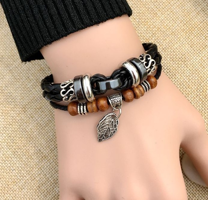 Vintage Style Ethnic Style Cross Leaves Alloy Wooden Beads Rope Unisex Drawstring Bracelets display picture 4