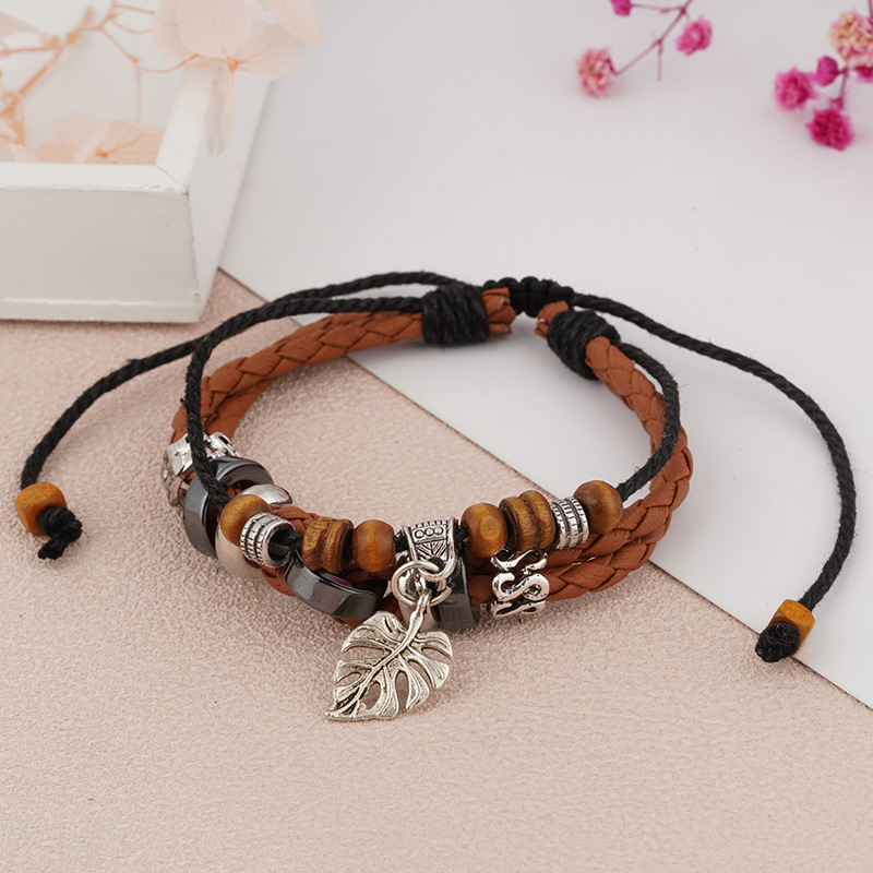 Vintage Style Ethnic Style Cross Leaves Alloy Wooden Beads Rope Unisex Drawstring Bracelets display picture 7