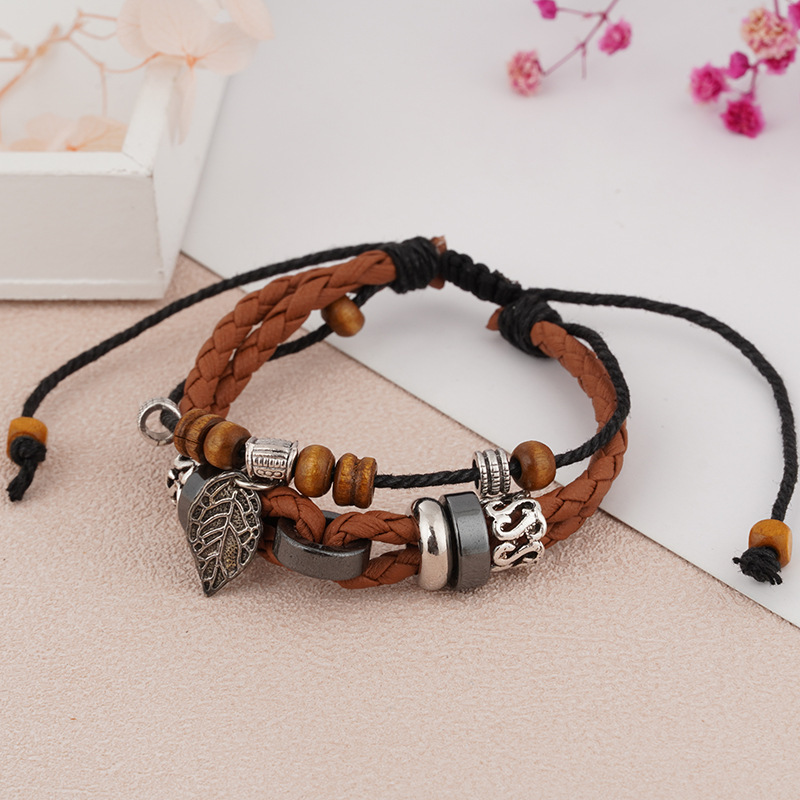 Vintage Style Ethnic Style Cross Leaves Alloy Wooden Beads Rope Unisex Drawstring Bracelets display picture 8