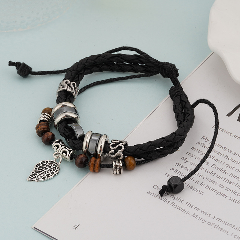 Vintage Style Ethnic Style Cross Leaves Alloy Wooden Beads Rope Unisex Drawstring Bracelets display picture 6