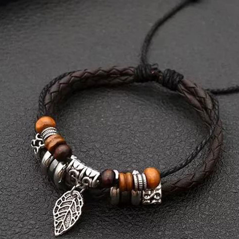 Vintage Style Ethnic Style Cross Leaves Alloy Wooden Beads Rope Unisex Drawstring Bracelets display picture 1