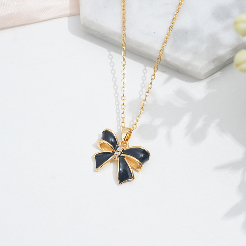 304 Stainless Steel 18K Gold Plated Cute Sweet Commute Enamel Plating Butterfly Bow Knot Zircon Pendant Necklace display picture 2