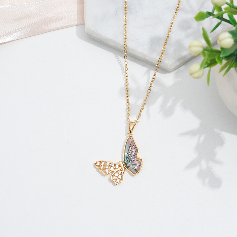 304 Stainless Steel 18K Gold Plated Cute Sweet Commute Enamel Plating Butterfly Bow Knot Zircon Pendant Necklace display picture 5