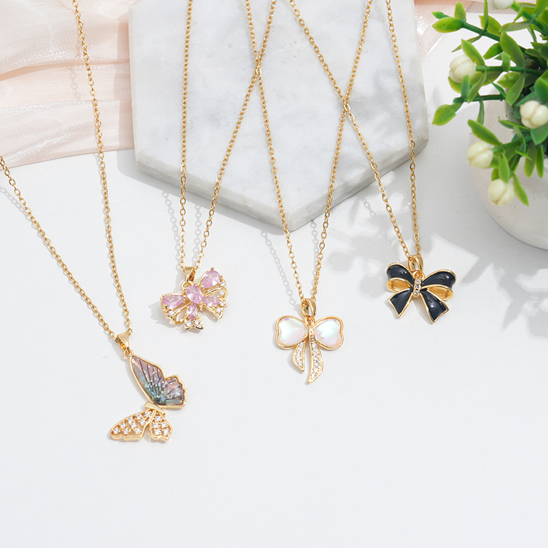 304 Stainless Steel 18K Gold Plated Cute Sweet Commute Enamel Plating Butterfly Bow Knot Zircon Pendant Necklace display picture 1