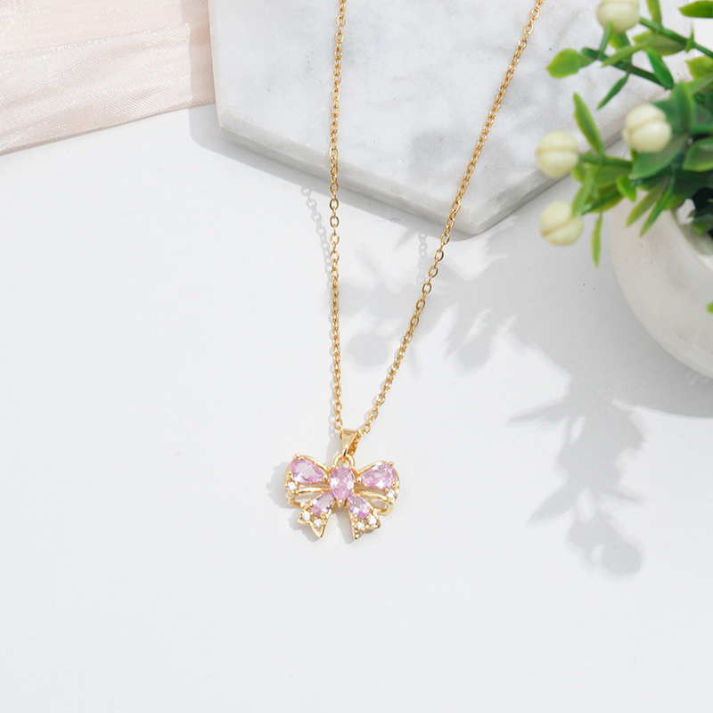 304 Stainless Steel 18K Gold Plated Cute Sweet Commute Enamel Plating Butterfly Bow Knot Zircon Pendant Necklace display picture 4