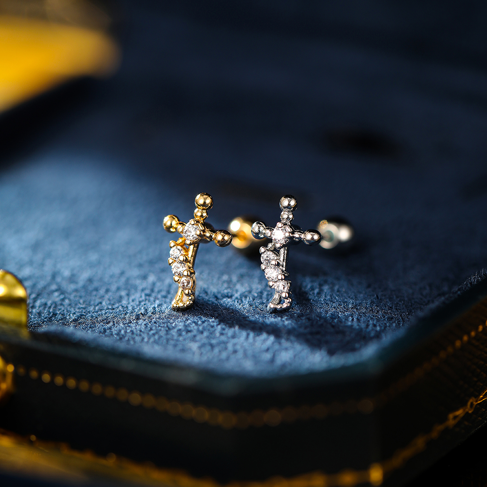 1 Piece Simple Style Classic Style Cross Plating Inlay Copper Zircon 18K Gold Plated Ear Studs display picture 4