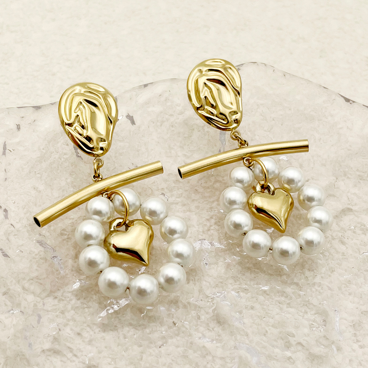 1 Pair Lady Sweet Korean Style Star Heart Shape Flower Tassel Inlay 304 Stainless Steel Artificial Pearls Rhinestones 14K Gold Plated Drop Earrings display picture 5