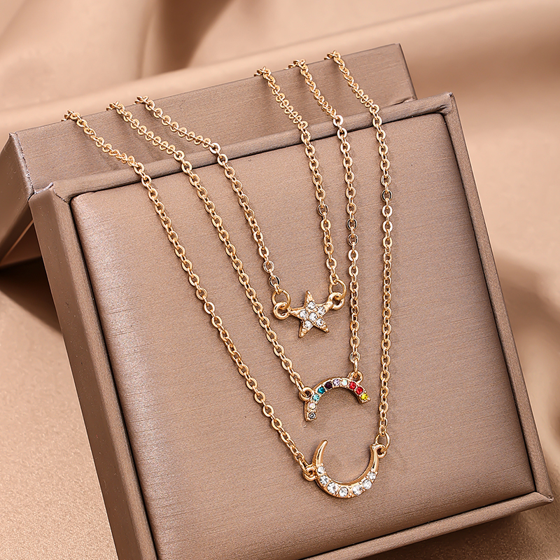 Wholesale Jewelry Simple Style Star Moon Alloy Rhinestones Inlay Three Layer Necklace display picture 2