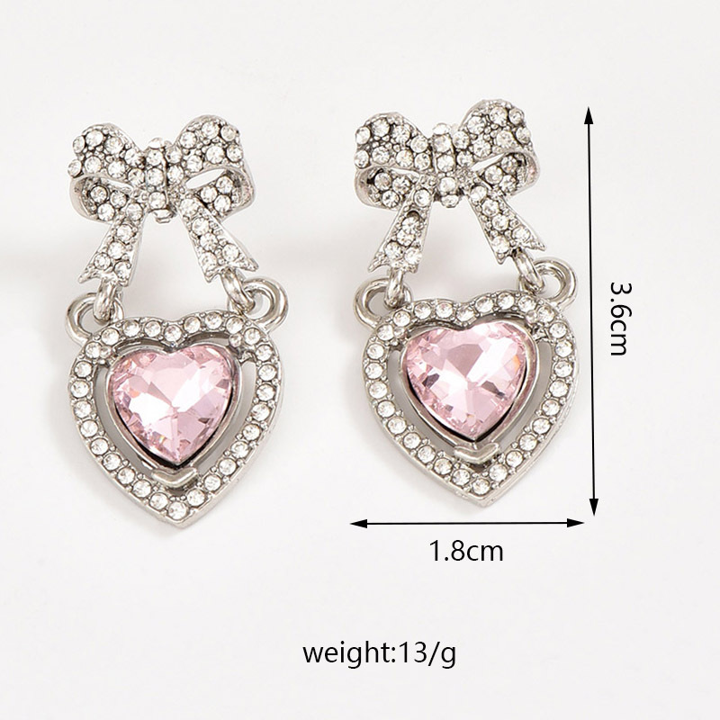 1 Pair Sweet Simple Style Shiny Heart Shape Bow Knot Inlay Zinc Alloy Rhinestones Drop Earrings display picture 2