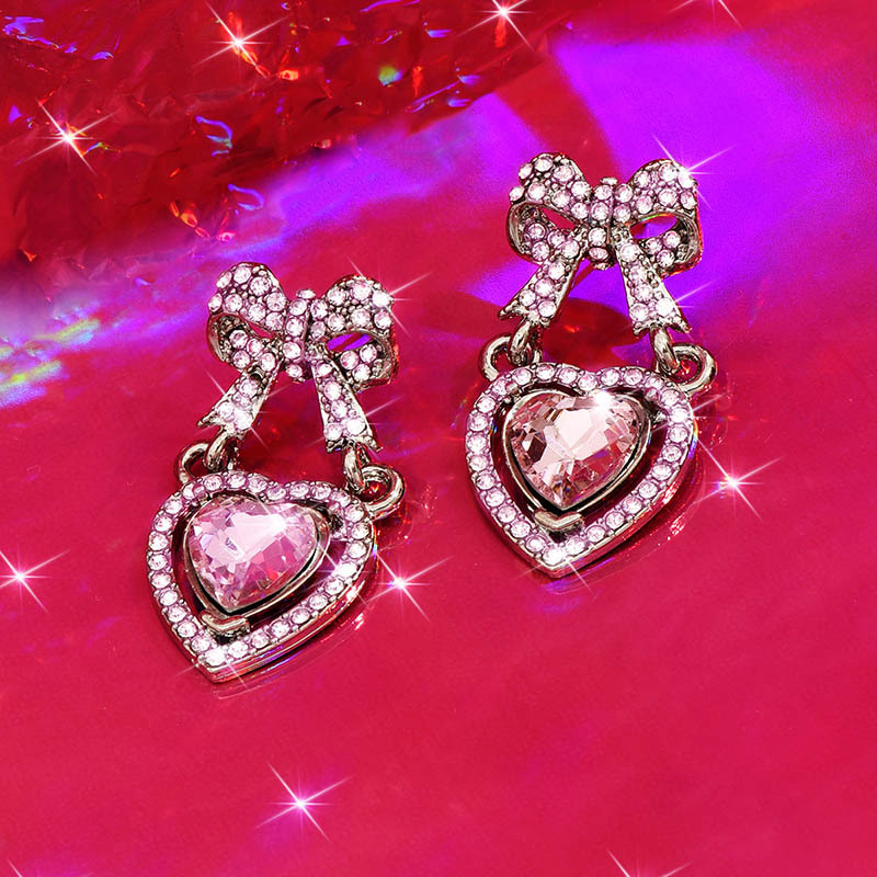 1 Pair Sweet Simple Style Shiny Heart Shape Bow Knot Inlay Zinc Alloy Rhinestones Drop Earrings display picture 4