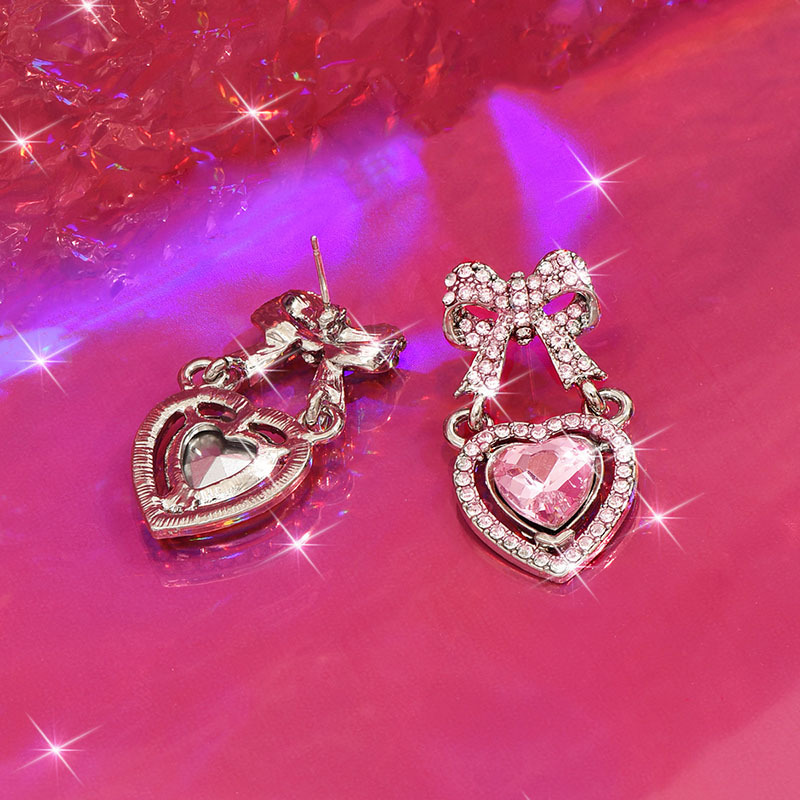 1 Pair Sweet Simple Style Shiny Heart Shape Bow Knot Inlay Zinc Alloy Rhinestones Drop Earrings display picture 6