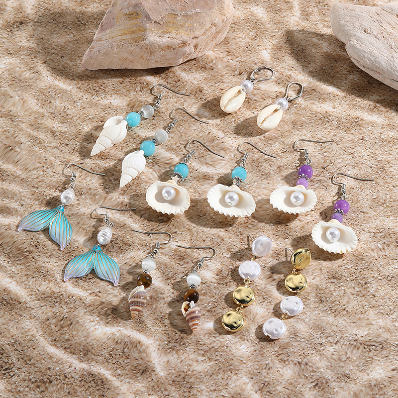 1 Pair Casual Vacation Bohemian Conch Shell Fish Tail Pearl Alloy Shell Drop Earrings display picture 1