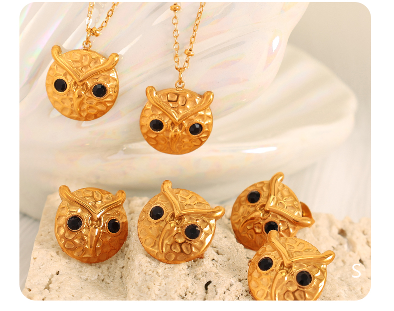 Titanium Steel 18K Gold Plated Elegant Lady Classic Style Plating Inlay Geometric Owl Rhinestones Earrings Necklace display picture 4