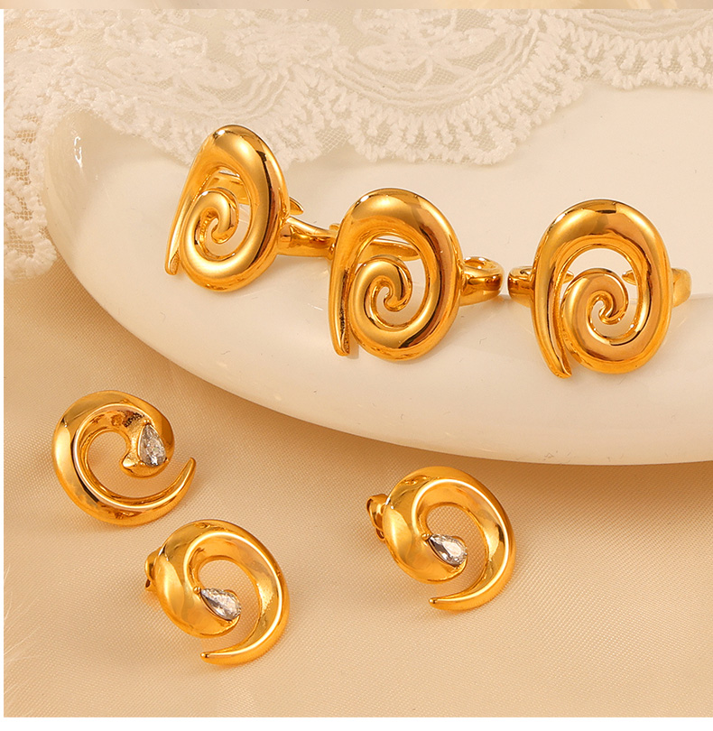 304 Stainless Steel 18K Gold Plated Casual Elegant Simple Style Plating Inlay Spiral Rhinestones Rings Earrings display picture 3