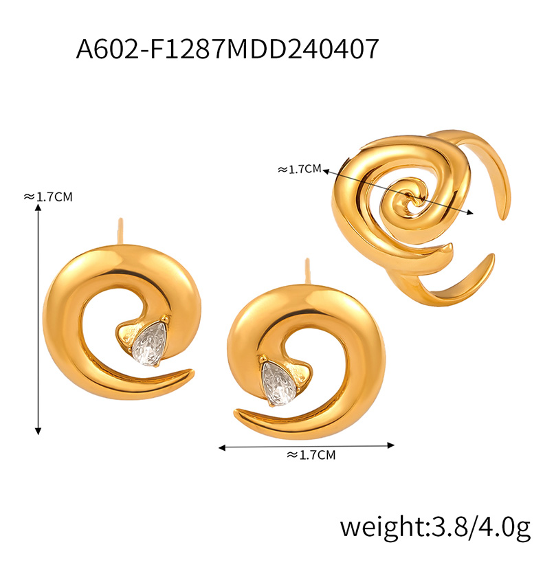 304 Stainless Steel 18K Gold Plated Casual Elegant Simple Style Plating Inlay Spiral Rhinestones Rings Earrings display picture 6