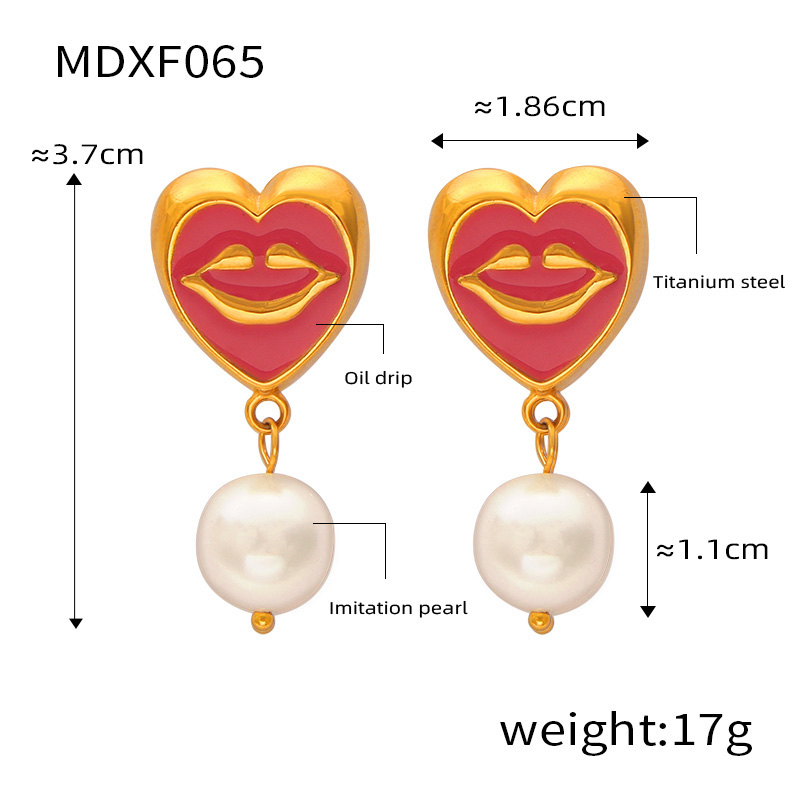 304 Stainless Steel Artificial Pearl 18K Gold Plated Simple Style Artistic Enamel Plating Inlay Lips Round Heart Shape Artificial Pearls Earrings Necklace display picture 6