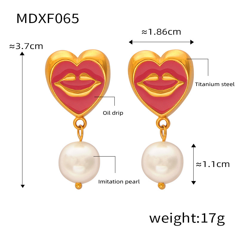 Edelstahl 304 Künstliche Perle 18 Karat Vergoldet Einfacher Stil Künstlerisch Emaille Überzug Inlay Lippen Runden Herzform Künstliche Perlen Ohrringe Halskette display picture 6