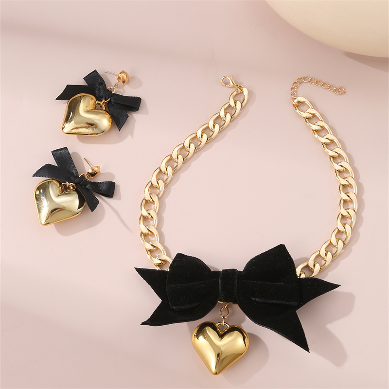 Sweet Simple Style Heart Shape Bow Knot Alloy Women's Earrings Necklace display picture 2