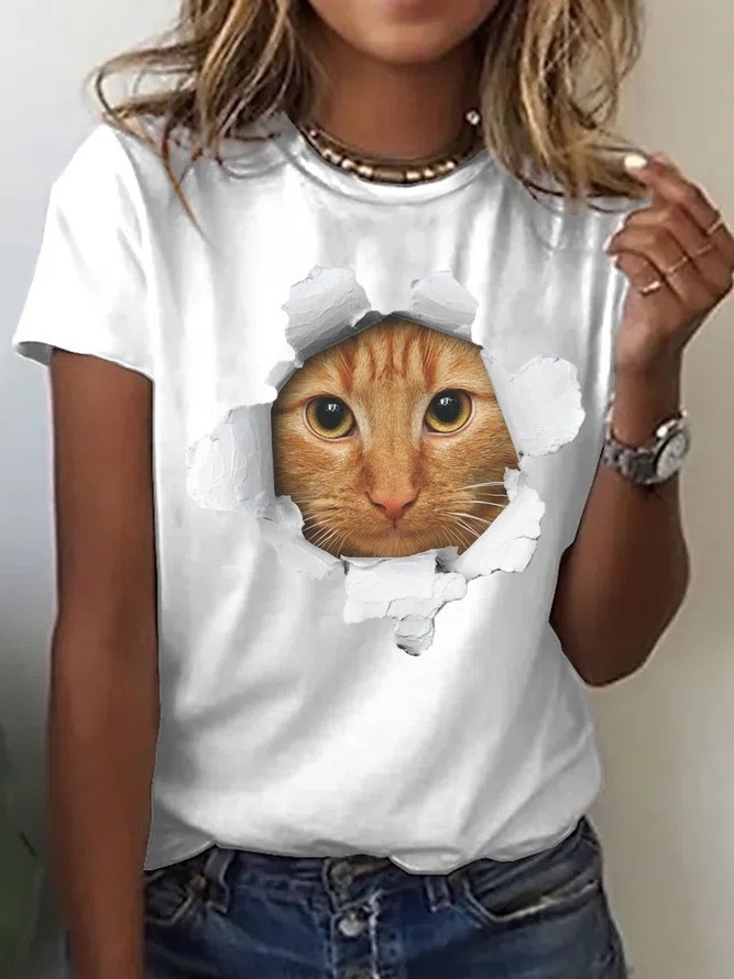 Frau T-Shirt Kurzarm T-Shirts Drucken Einfacher Stil Katze display picture 2