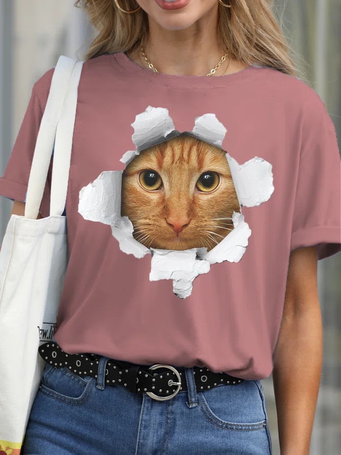 Frau T-Shirt Kurzarm T-Shirts Drucken Einfacher Stil Katze display picture 3