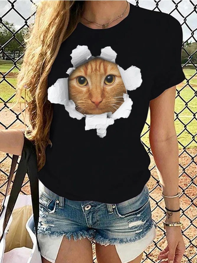 Frau T-Shirt Kurzarm T-Shirts Drucken Einfacher Stil Katze display picture 4