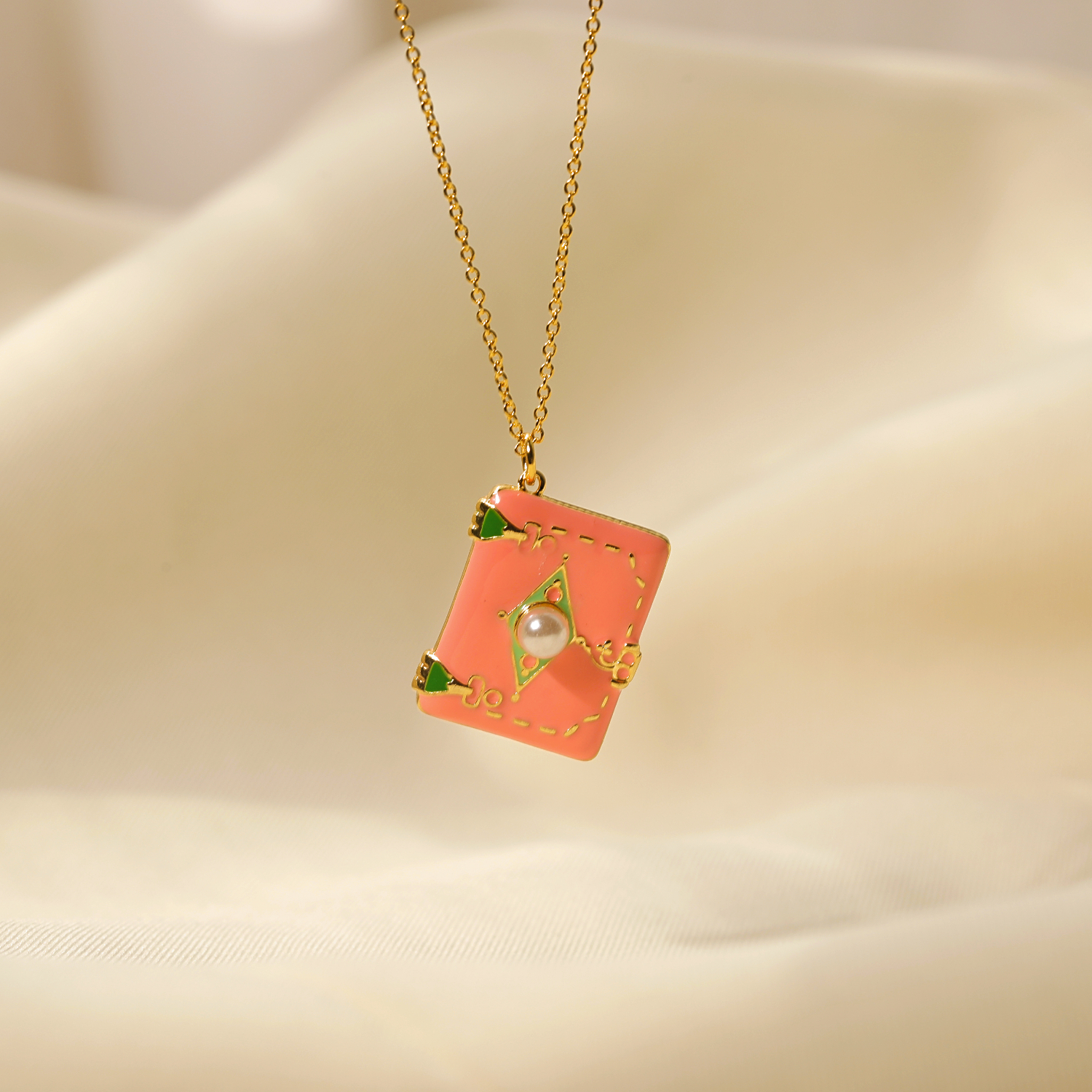 Copper 14K Gold Plated Y2K Cute Sweet Enamel Inlay Book Pearl Pendant Necklace display picture 1