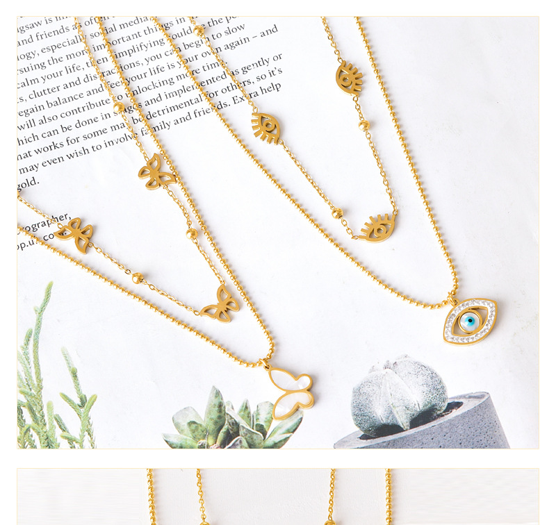 Titanium Steel Casual Simple Style Plating Hollow Out Inlay Devil's Eye Shell Zircon Double Layer Necklaces display picture 2