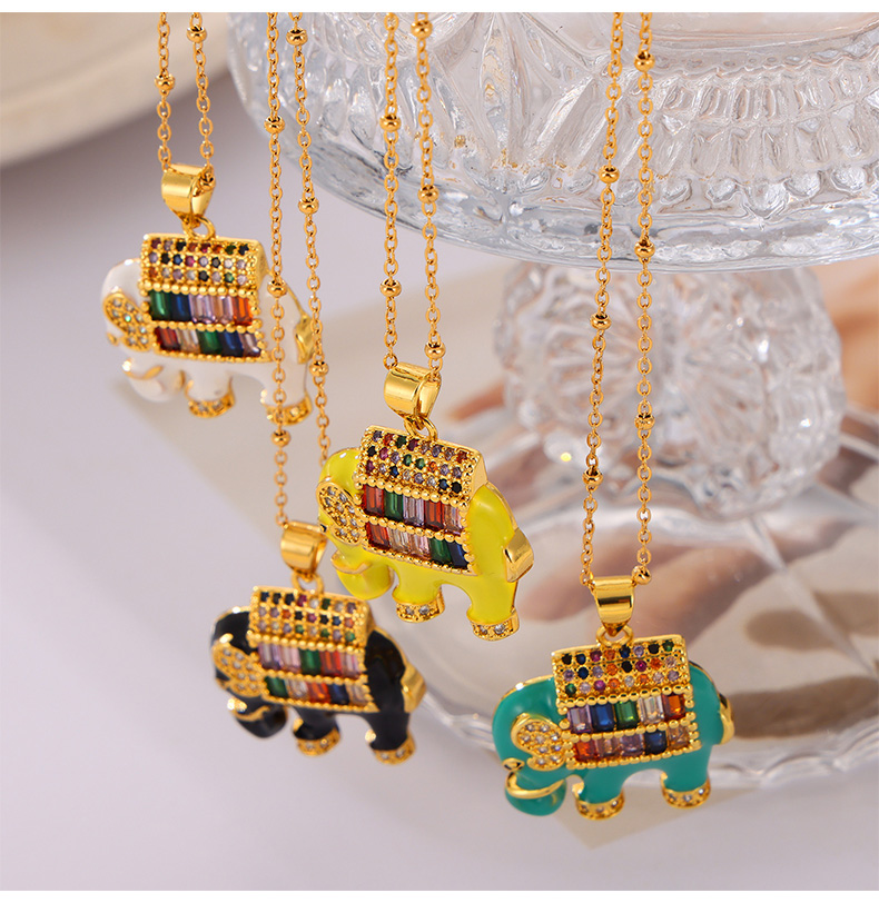 304 Stainless Steel Copper 18K Gold Plated IG Style Simple Style Artistic Enamel Inlay Elephant Rhinestones Glass Pendant Necklace display picture 2