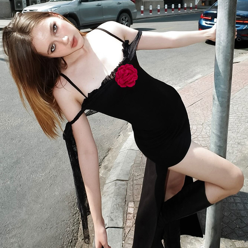 Frau Trägerkleid Strassenmode Gurt Ärmellos Blume Über Dem Knie Gruppe Datum Bar display picture 4