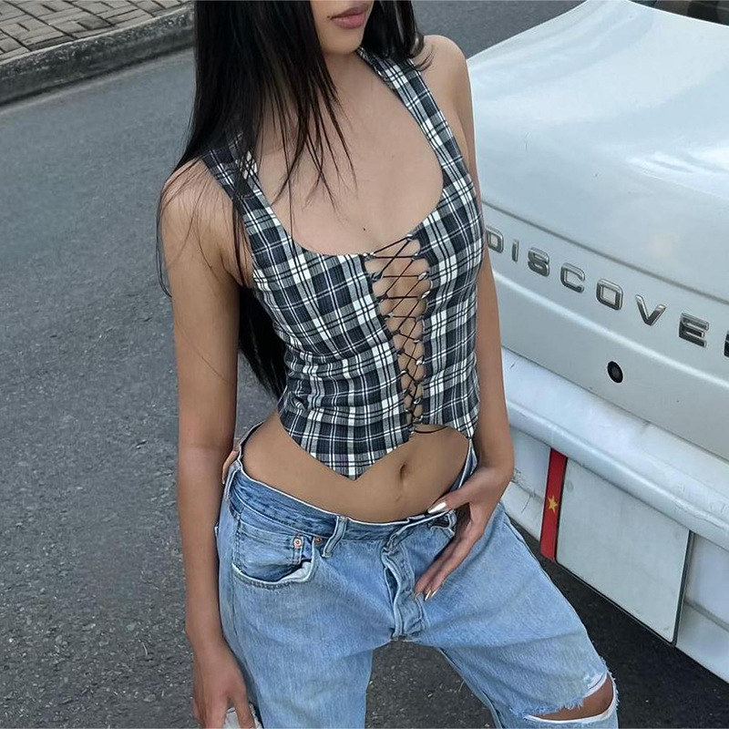 Women's Wrap Crop Top Tank Tops Sexy Plaid display picture 3